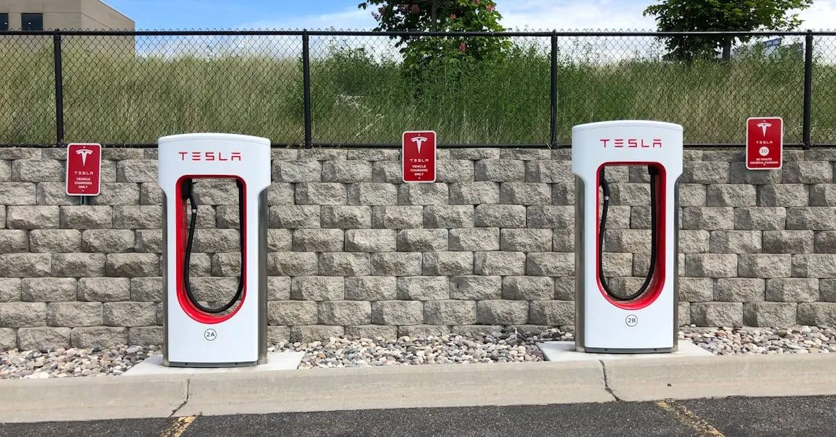Dual Tesla electric car chargers in Idaho Falls parking lot with clear blue sky.