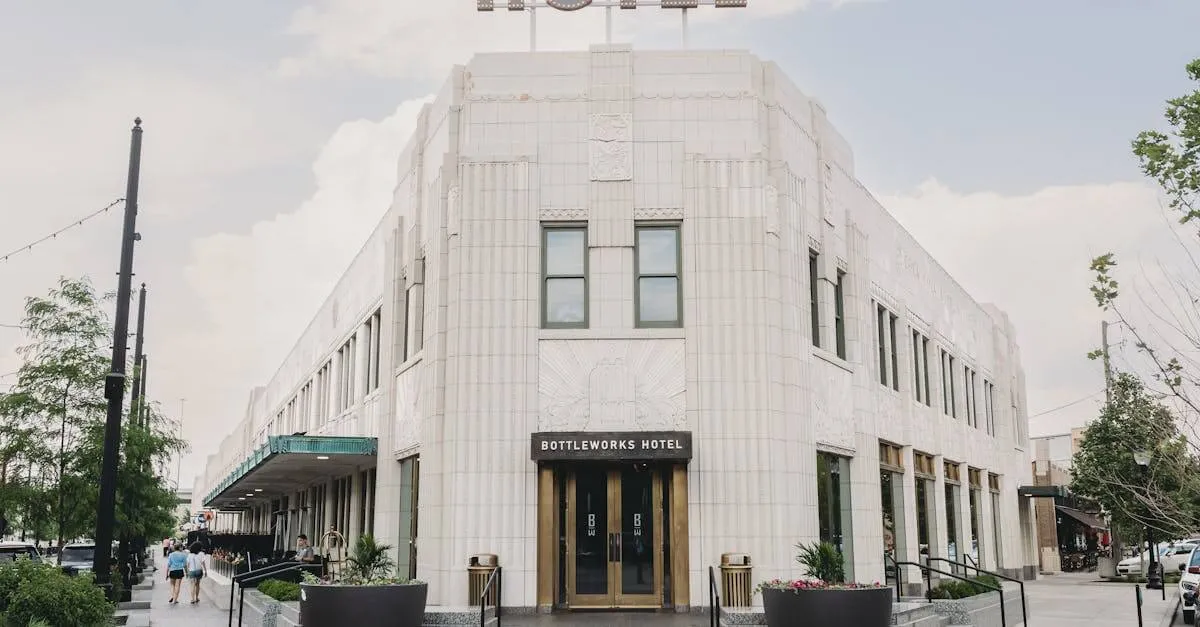 Front view of the Bottleworks Hotel, a historic landmark in Indianapolis, Indiana.