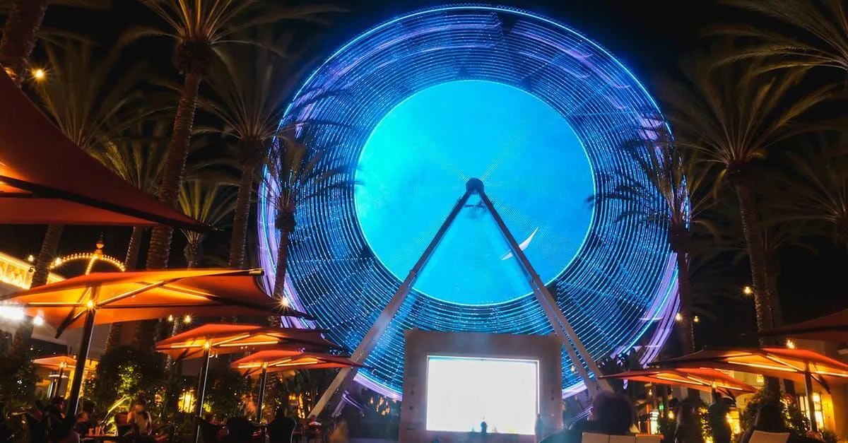 Night view of a brightly lit Ferris wheel surrounded by tropical trees at Irvine Spectrum Center.