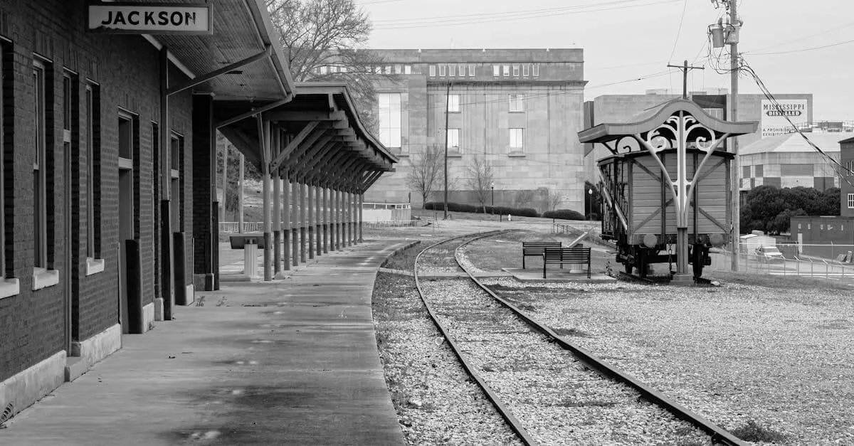 Vintage monochrome photo of an empty Jackson railway station platform.