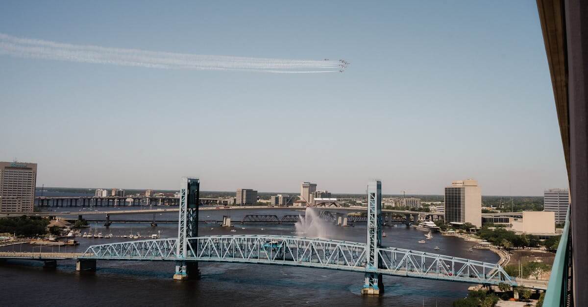 A scenic view of Jacksonville's Main Street Bridge with blue skies and city skyline.