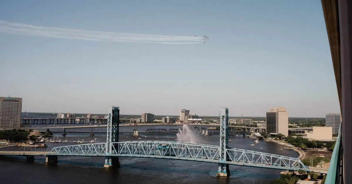 A scenic view of Jacksonville's Main Street Bridge with blue skies and city skyline.