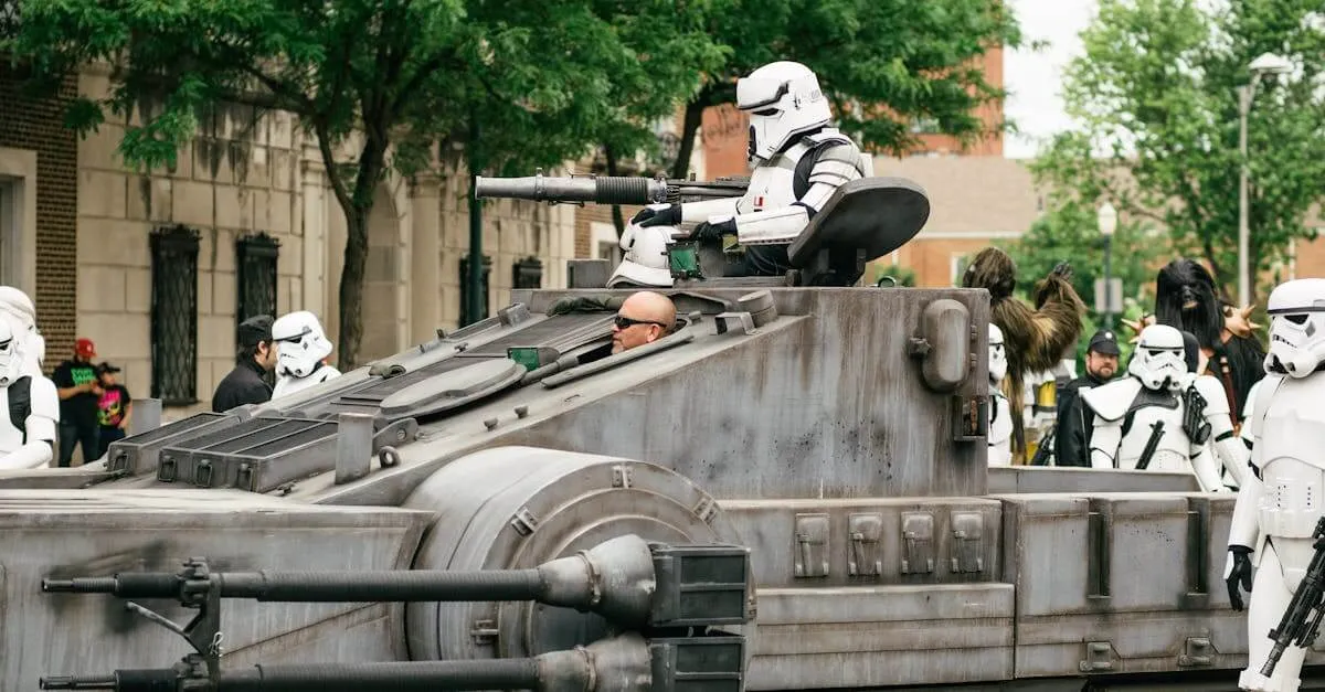 Stormtroopers participating in a cosplay parade featuring a tank-like vehicle in Joliet, IL.