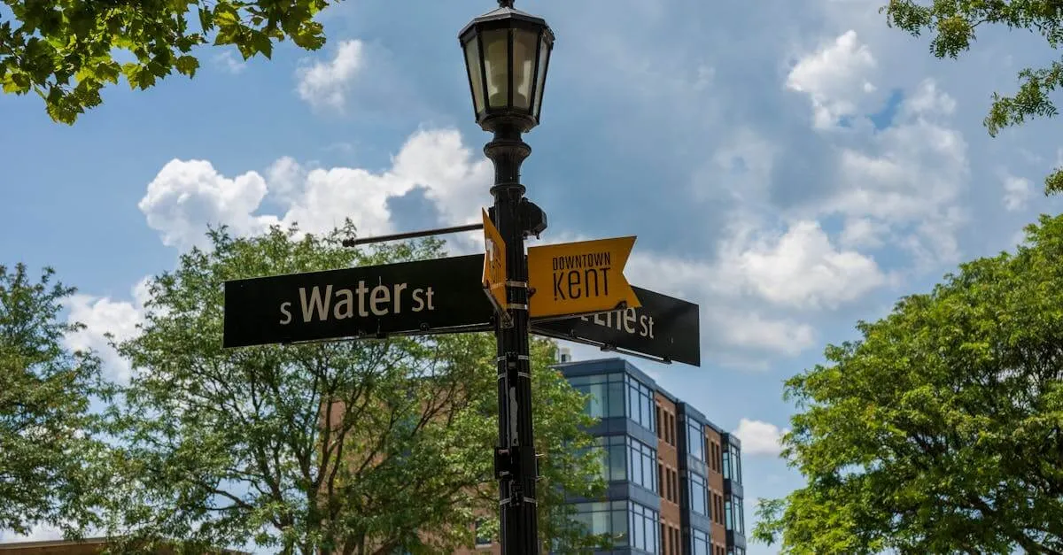 Street signs and lush trees in downtown Kent, Ohio, under a clear blue sky.