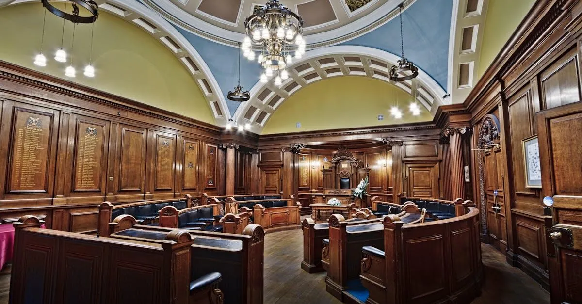 Victorian council chamber in Lancaster Town Hall with elegant wooden decor and skylight.