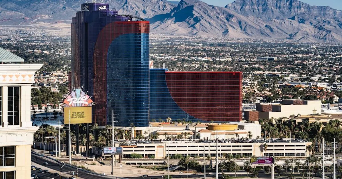 A breathtaking shot of the Rio Hotel and Casino set against the Las Vegas skyline and mountains.