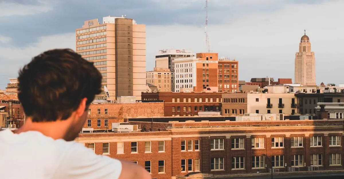 Skyline of Lincoln, NE with a man observing at sunset, featuring the State Capitol.