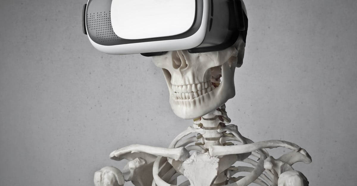 Humorous skeleton with VR headset, blending technology and anatomy in a unique portrait.