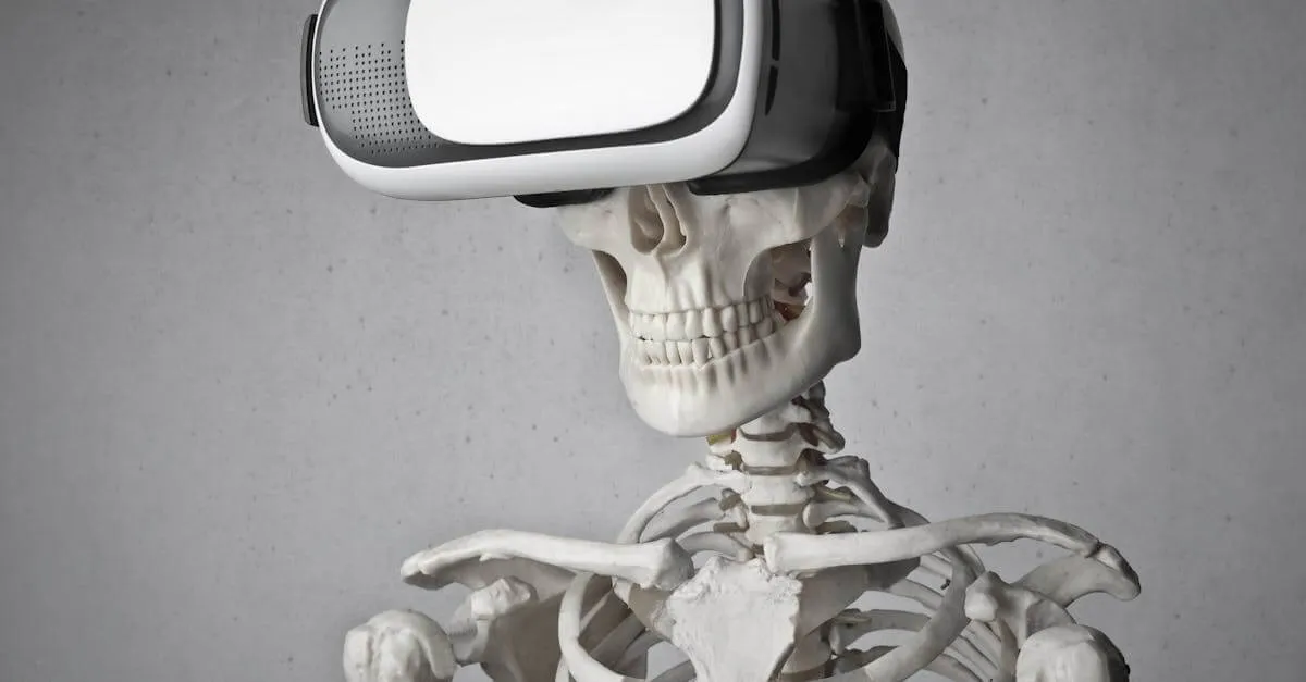 Humorous skeleton with VR headset, blending technology and anatomy in a unique portrait.