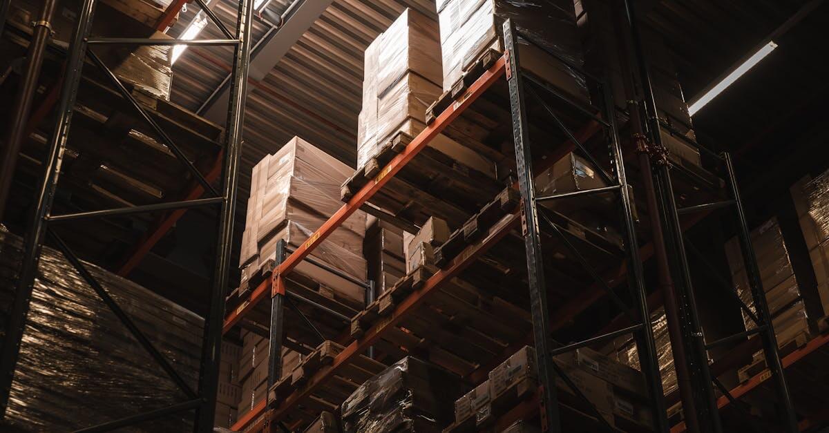 Interior view of a warehouse with stacked cardboard boxes on high shelves, showcasing storage and logistics.