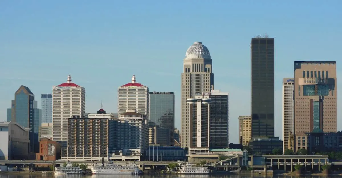 Stunning view of Louisville's skyline with modern skyscrapers reflecting on river.