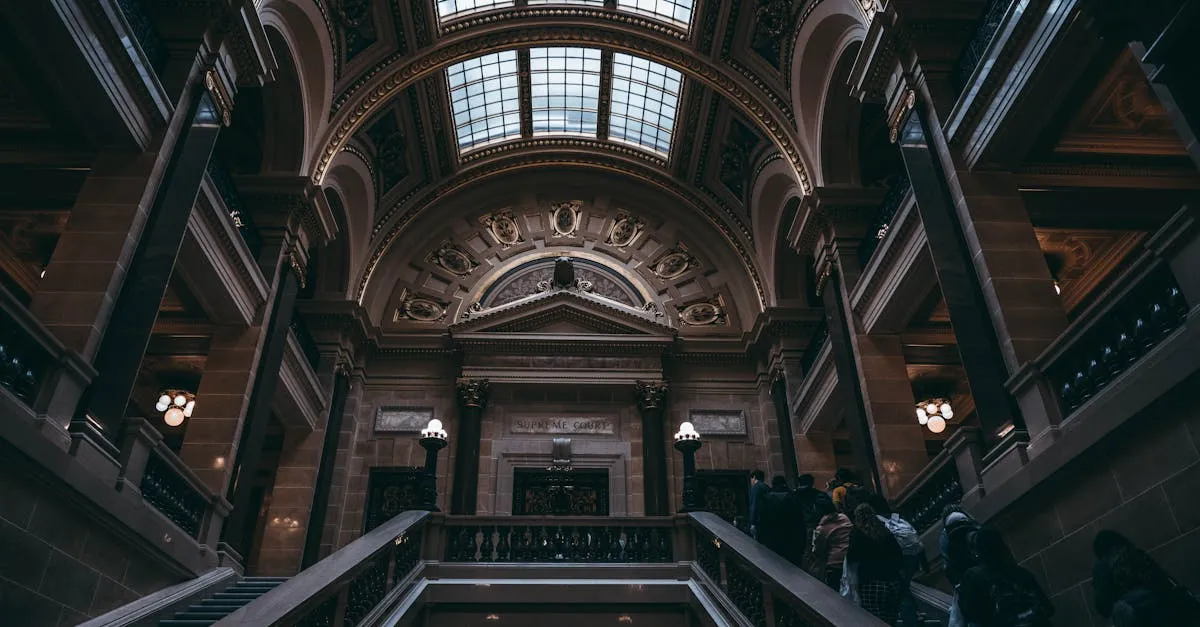 Elegant baroque architecture inside Wisconsin State Capitol, Madison, showcasing grand staircases and intricate details.