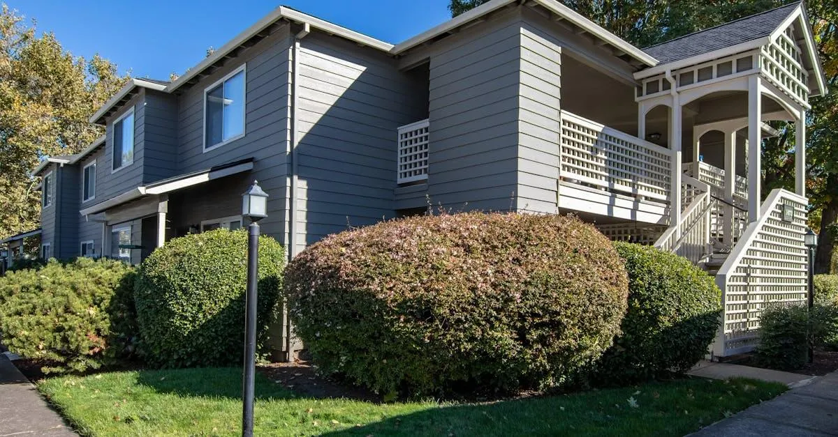 Modern residential building with lush landscaping in Medford, Oregon. Ideal for real estate or architecture themes.