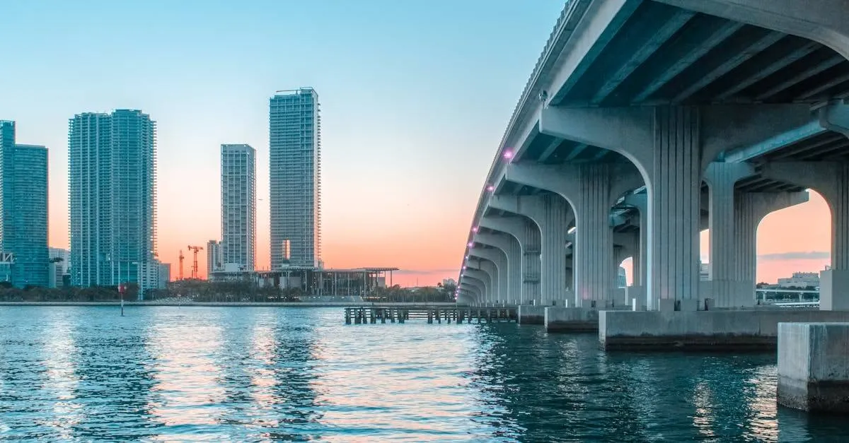 Stunning view of Miami Beach's skyline with a bridge at sunset, reflecting on the water.