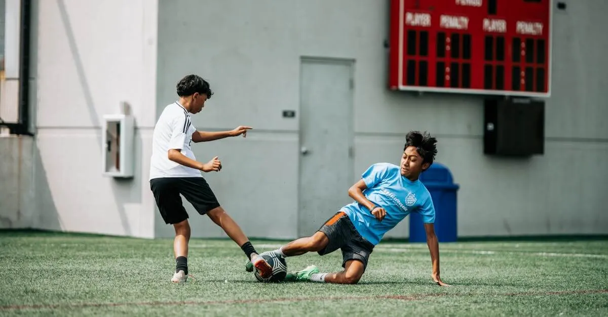 Young soccer players engage intensely on a sunny day in Milwaukee, showcasing action and sportsmanship.
