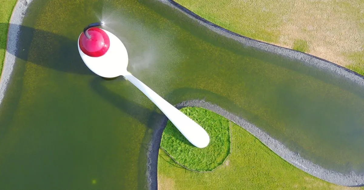 Aerial view of Spoonbridge and Cherry sculpture in Minneapolis Sculpture Garden, summer day.