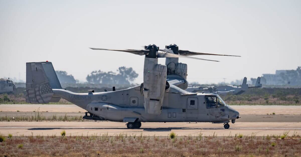 Bell Boeing V-22 Osprey tiltrotor aircraft stationed on Miramar airfield.