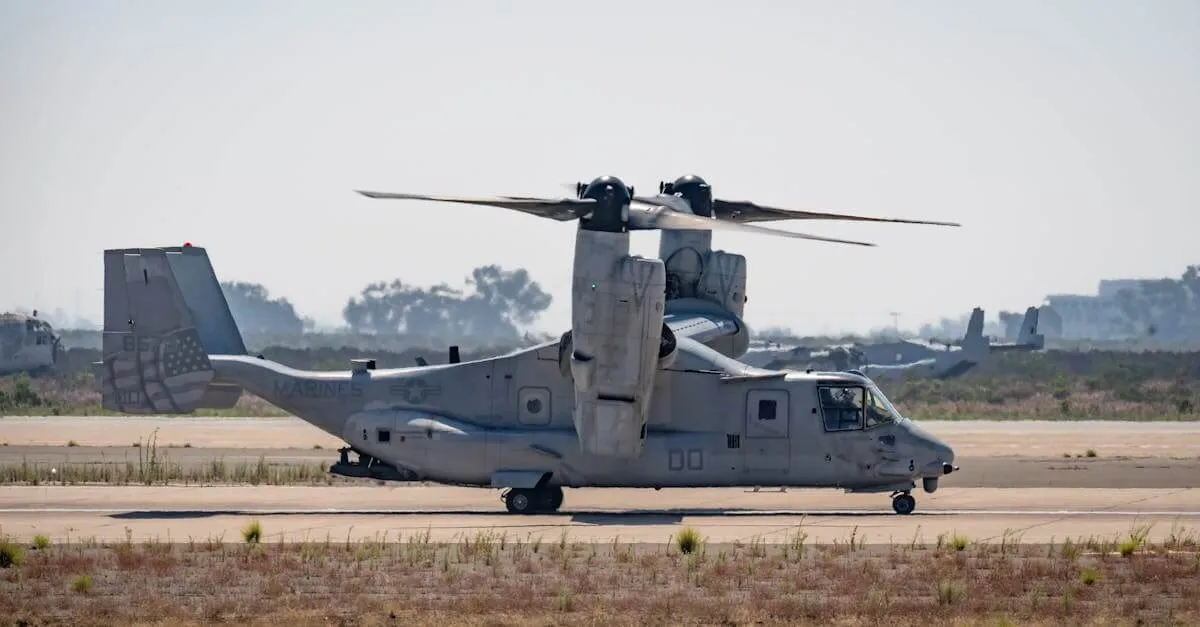 Bell Boeing V-22 Osprey tiltrotor aircraft stationed on Miramar airfield.