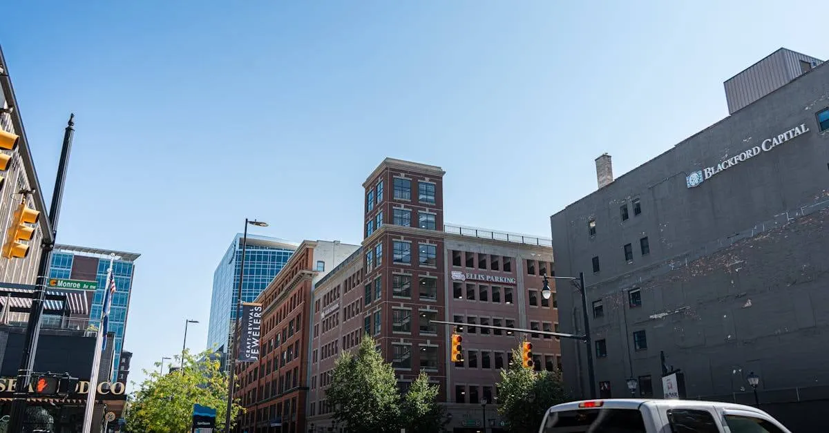 Vibrant urban street view of downtown Grand Rapids, showcasing city life and architecture.