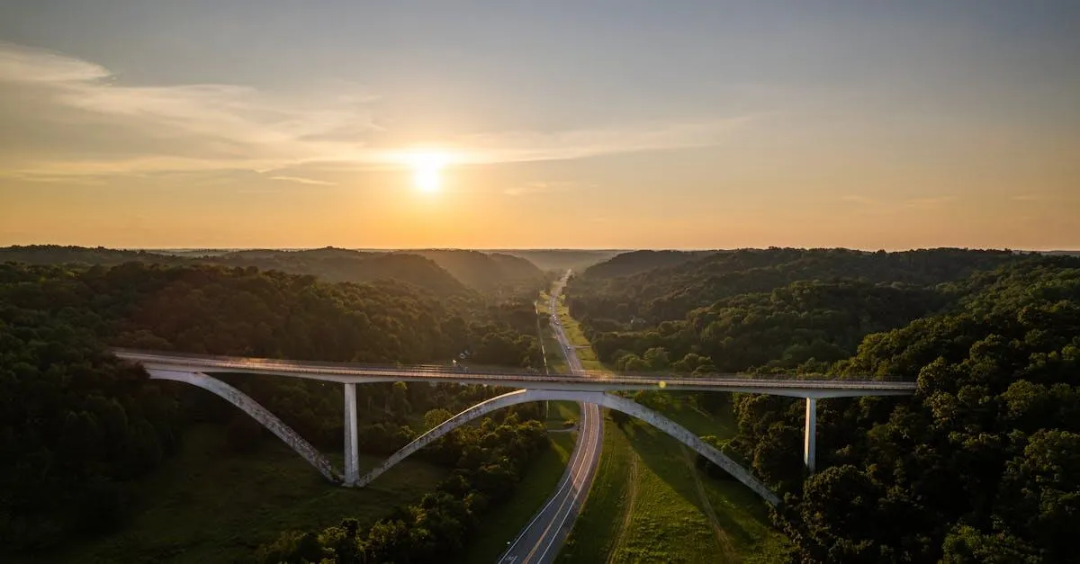 Stunning aerial shot of Natchez Trace Bridge in Nashville with a captivating sunset view.