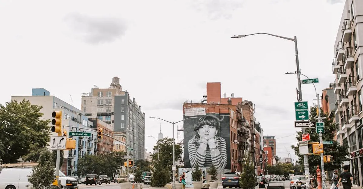 Vibrant street view of Bedford Avenue with famous mural and urban traffic in NYC.