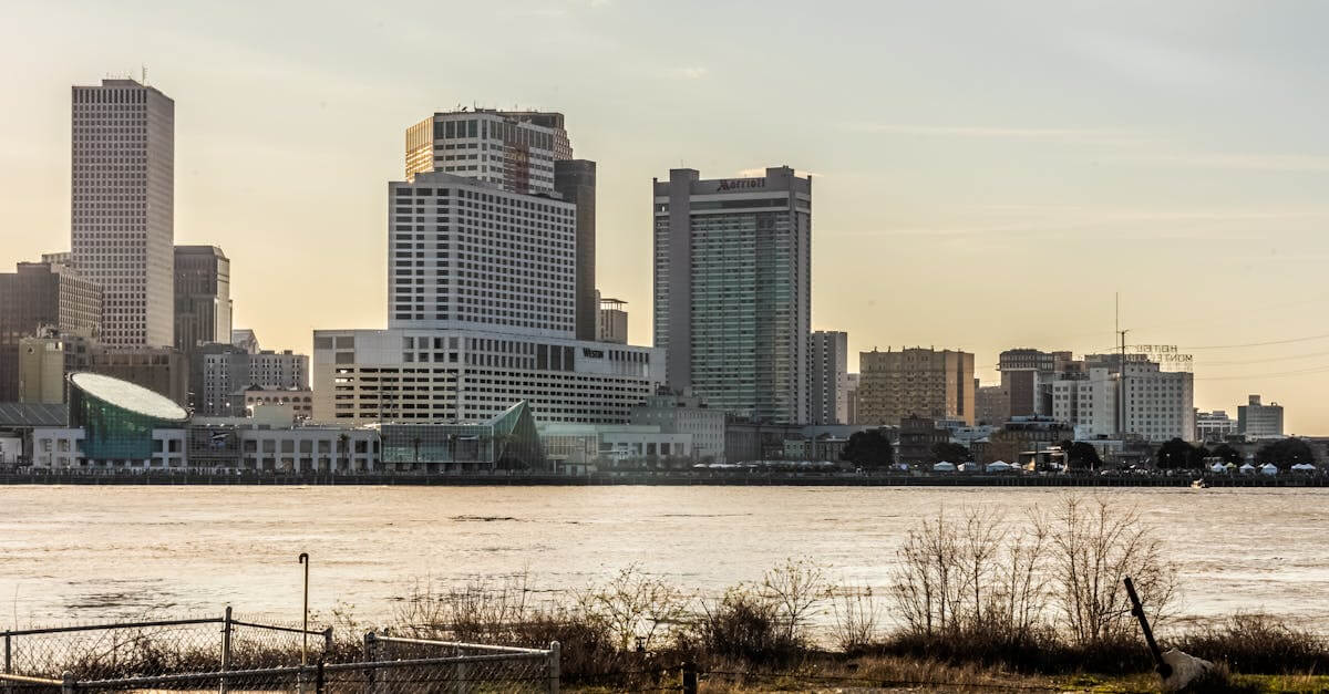 Stunning view of New Orleans skyline from across the Mississippi River at sunset.