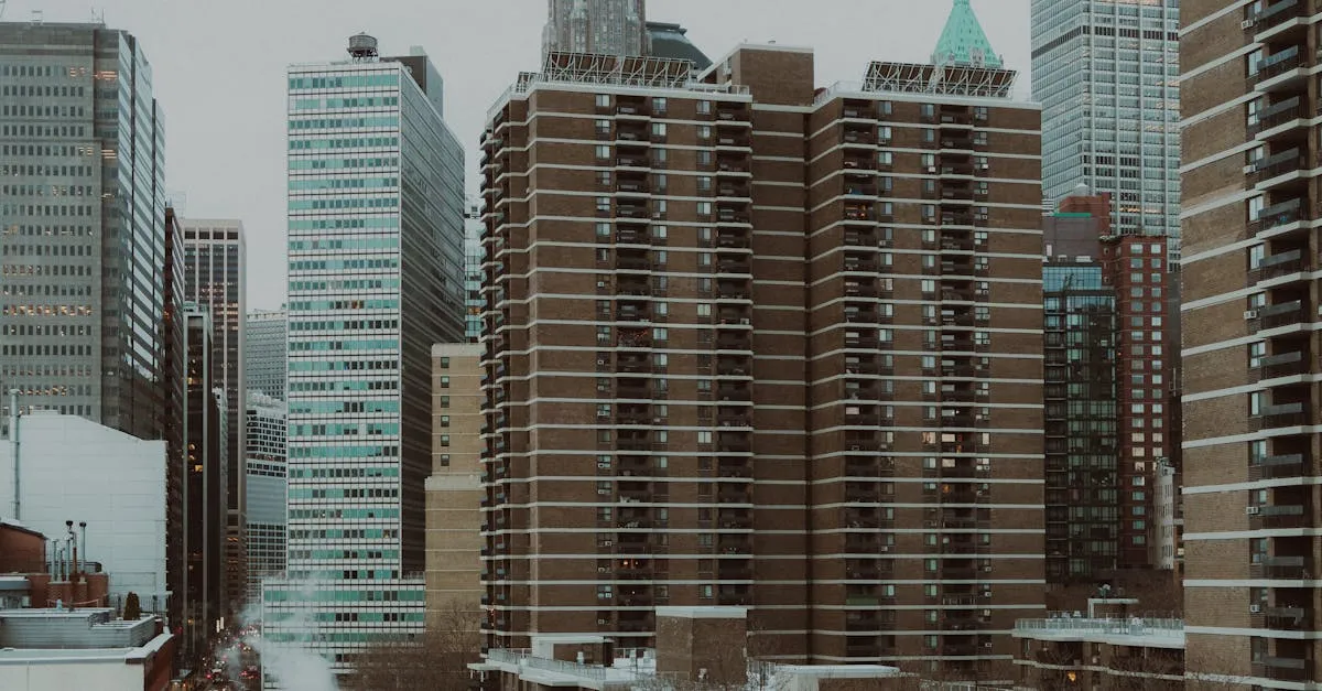 A moody winter view of New York City's high-rise buildings and streets.