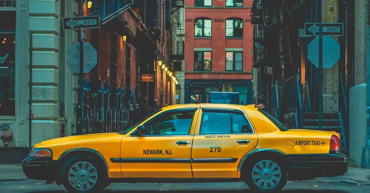 Classic yellow taxi in New York City street, symbolizing urban transport and life.