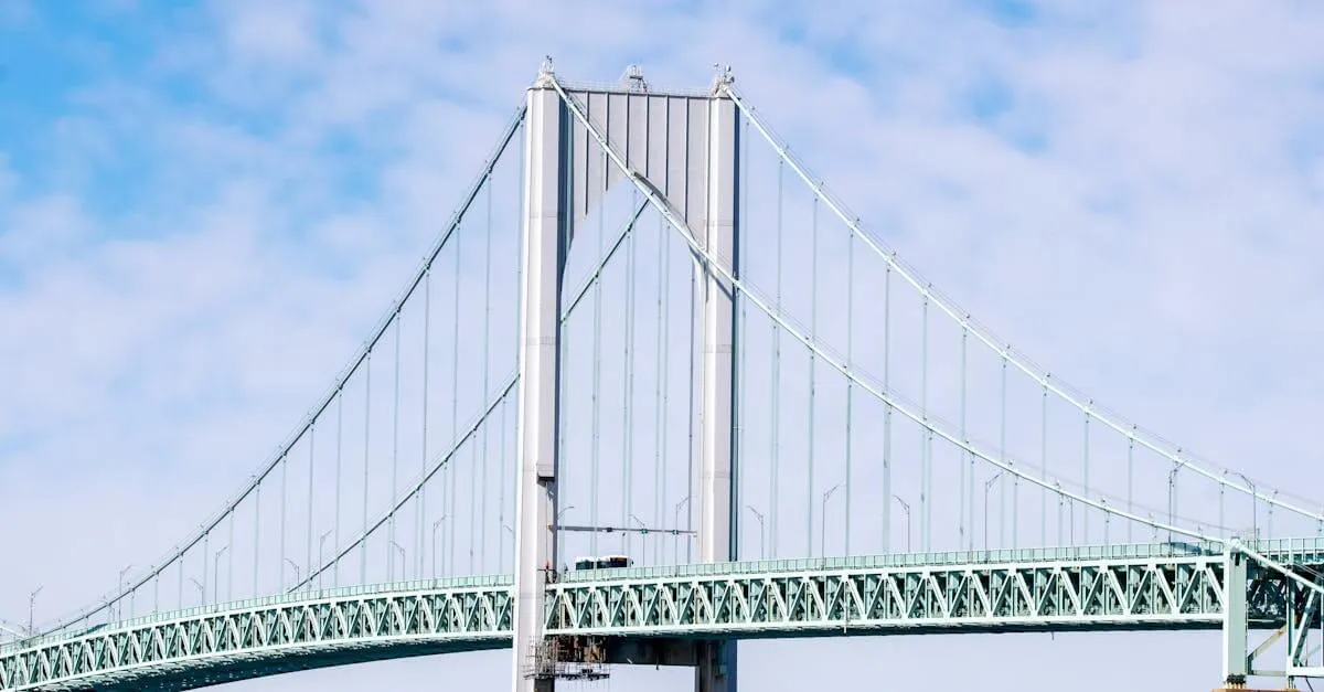 Captivating view of the Newport Pell Bridge against a bright blue sky in Rhode Island.