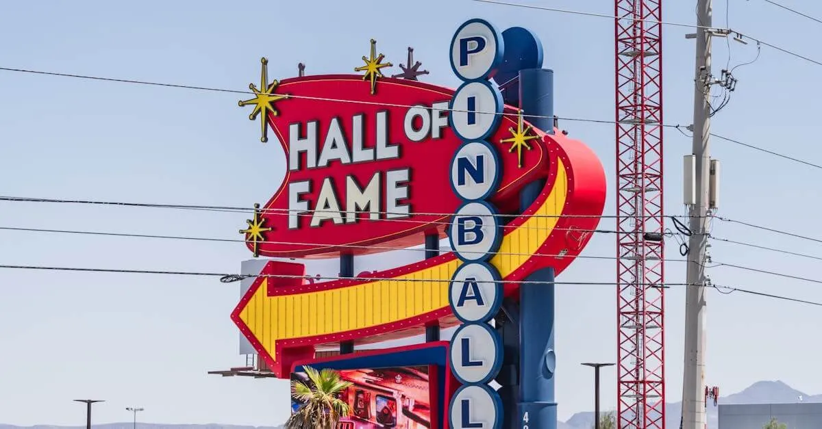 Vibrant sign of the Pinball Hall of Fame in Las Vegas, Nevada, captured outdoors in daylight.