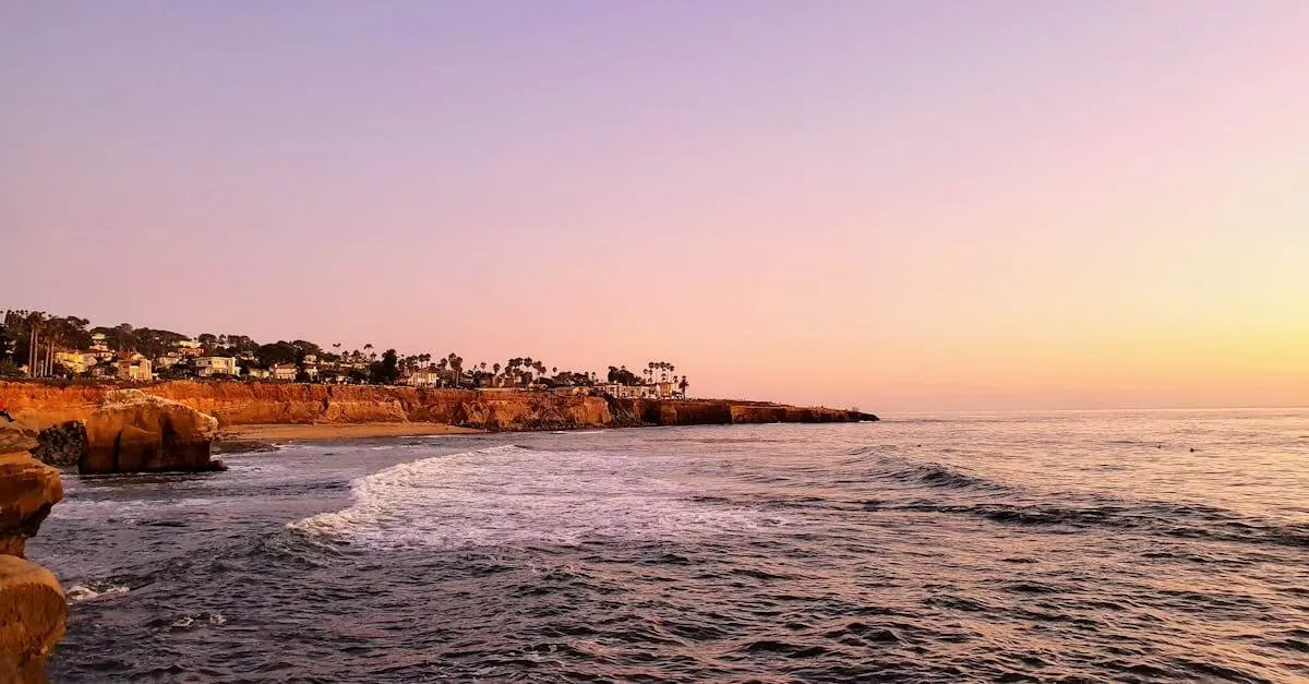 A tranquil sunset view of the San Diego coastline with calm waves and vibrant skies.