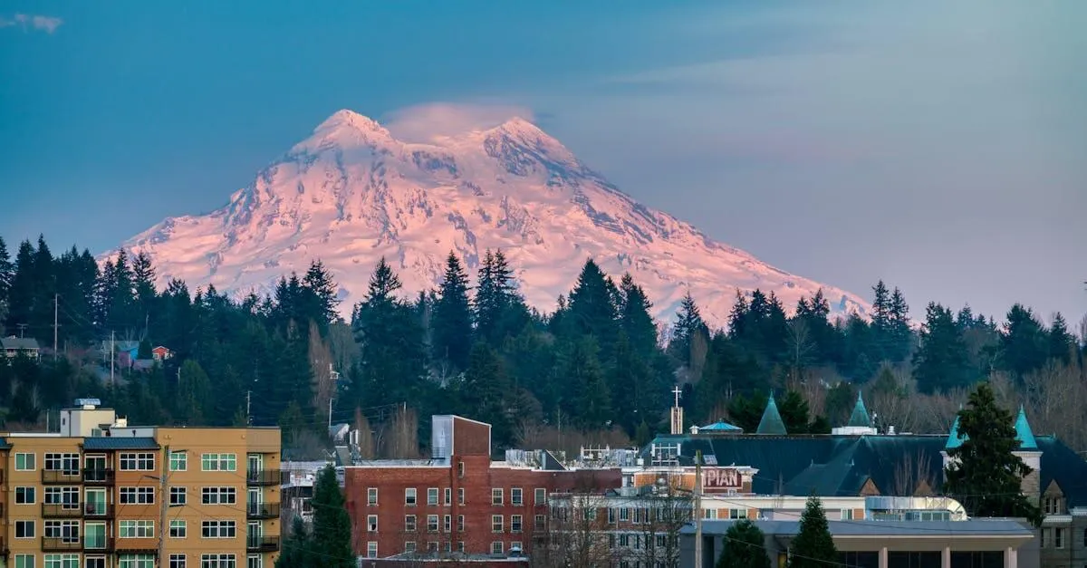 Olympia city skyline with snowcapped Mount Rainier in the background at sunset.