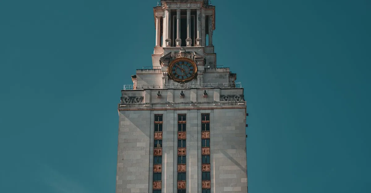 The University of Texas Tower against a clear blue sky in Austin, Texas.