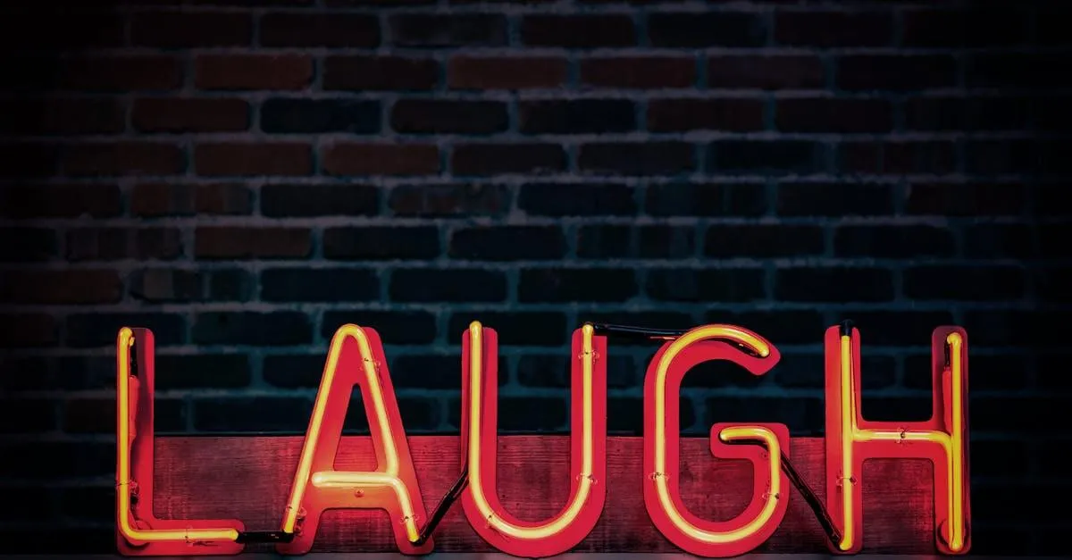 Bright neon sign displaying 'LAUGH' against a dark brick wall, creating a vibrant mood.
