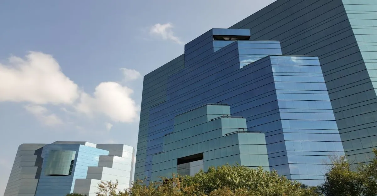 Contemporary glass buildings with unique geometrical shapes in Plymouth, Minnesota.