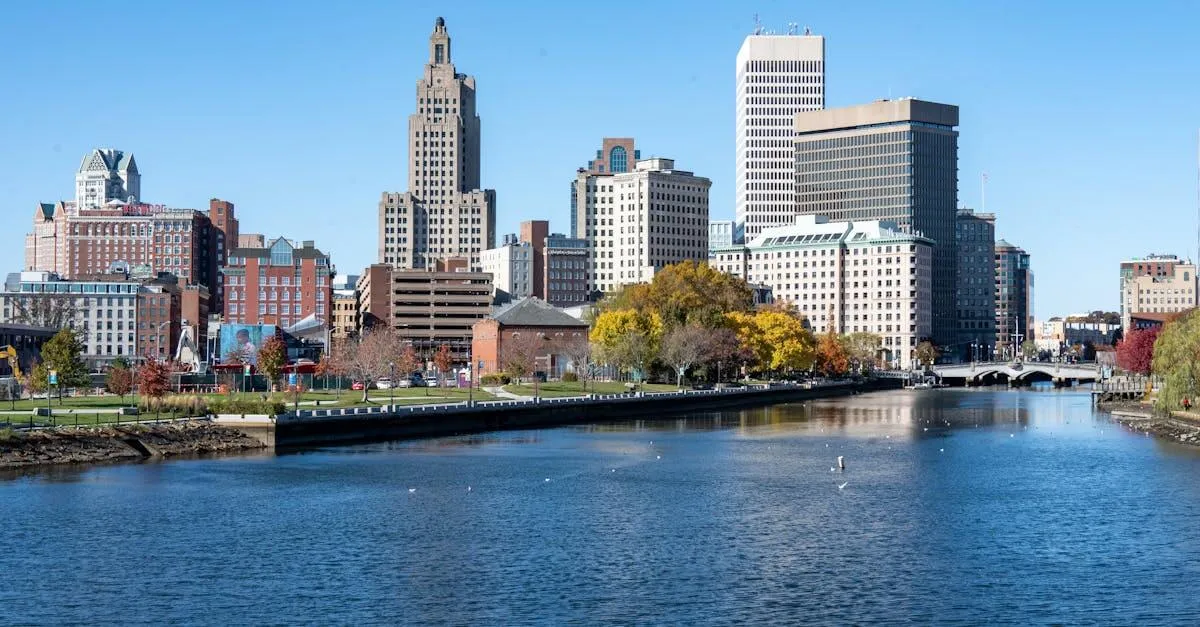 Captivating view of Providence's modern skyline and river in autumn.