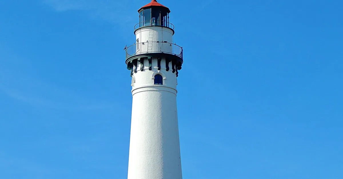 View of Wind Point Lighthouse in front of a clear blue sky in Wisconsin.