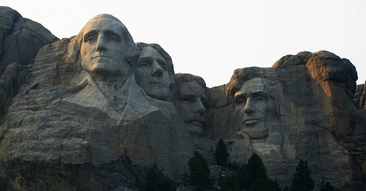 Explore the grandeur of Mount Rushmore showcasing American presidents carved into granite.
