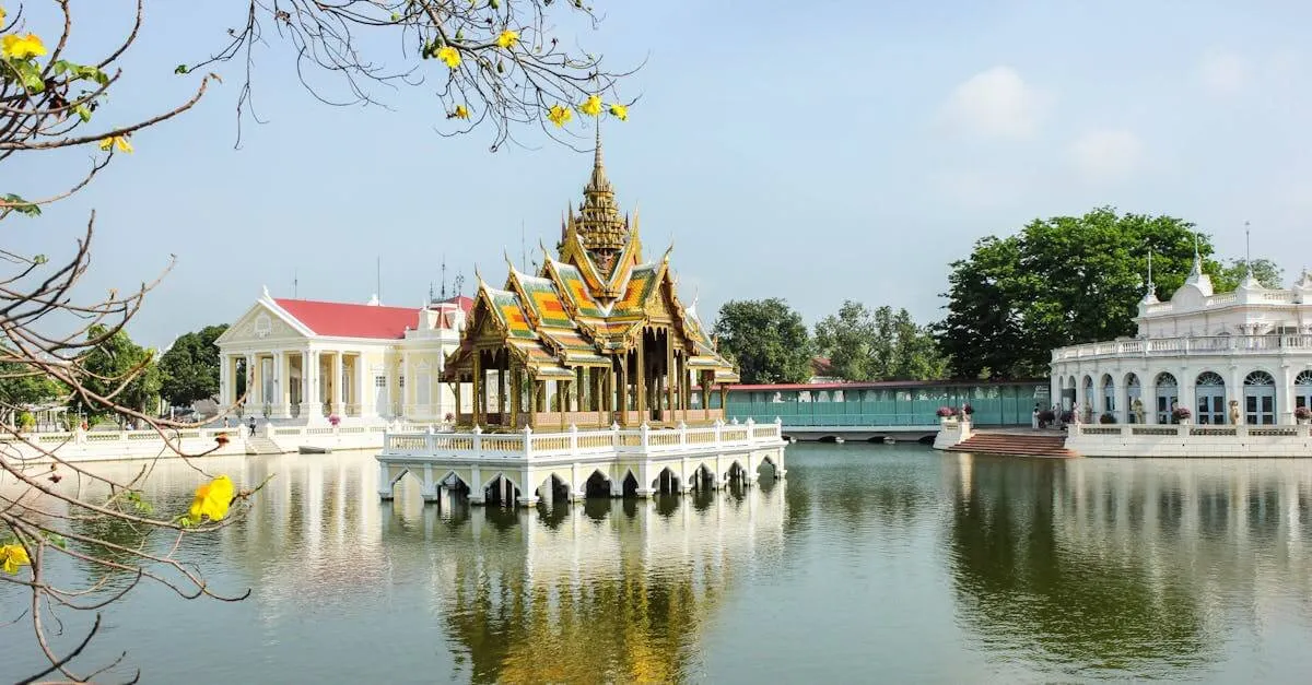 Scenic view of Ban Pa-In Palace reflecting in the calm waters of Chao Phraya River, Thailand.