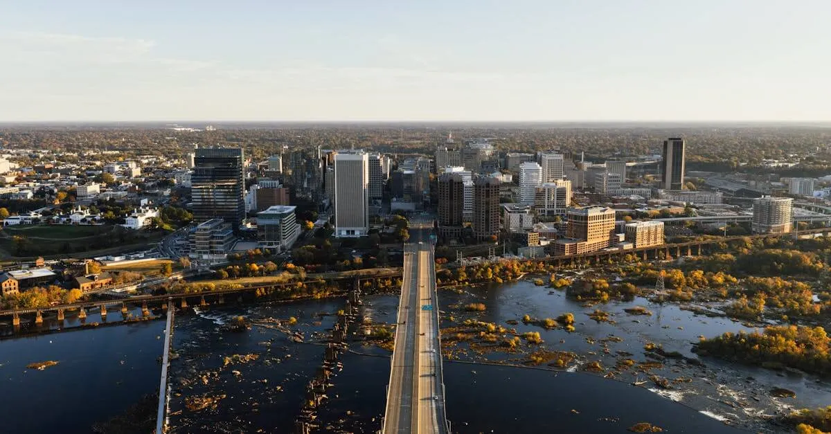 Explore an aerial perspective of the iconic Richmond, Virginia skyline during the day.