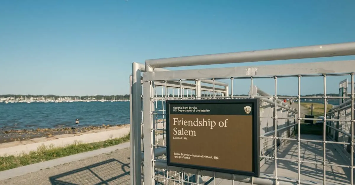 View of the Friendship of Salem sign at Salem Maritime National Historic Site, MA.