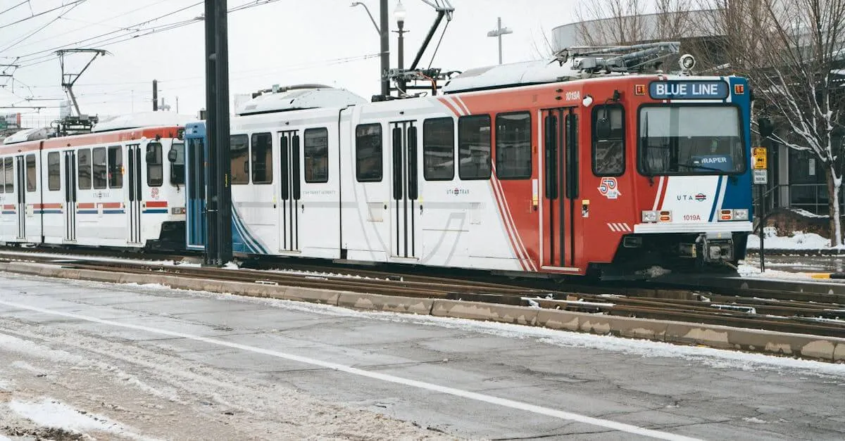 Salt Lake City's TRAX light rail train on a snowy winter day, showcasing urban public transport.