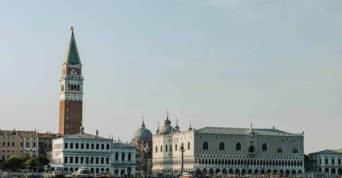 Discover Venice's iconic Doge's Palace and St. Mark's Campanile under a clear sky.