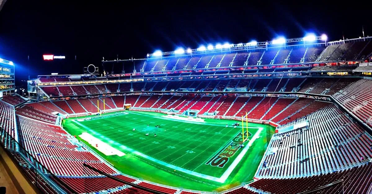 A panoramic night view of Levi's Stadium in Santa Clara, highlighting vibrant lights.