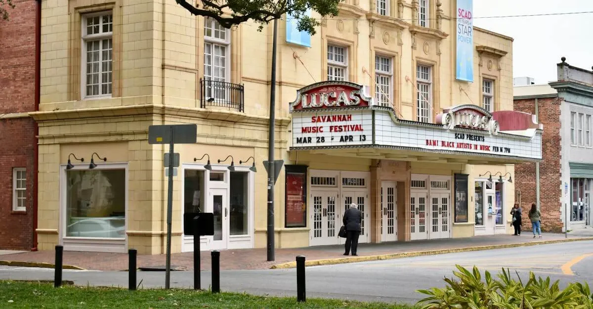 View of the iconic Lucas Theatre in Savannah's historic district.