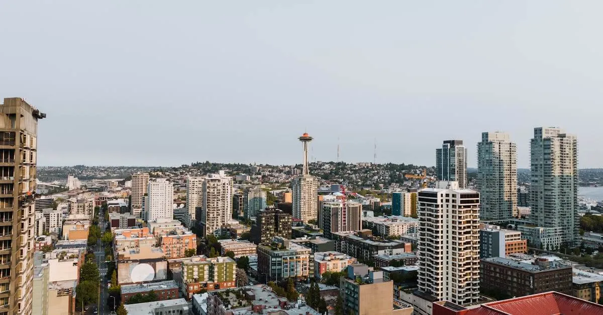 Panoramic view of Seattle skyline featuring the iconic Space Needle under clear skies.