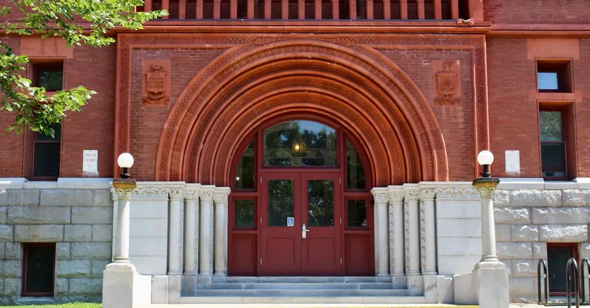 Stunning Gothic-style entrance at the University of Vermont's iconic building in Burlington, VT.