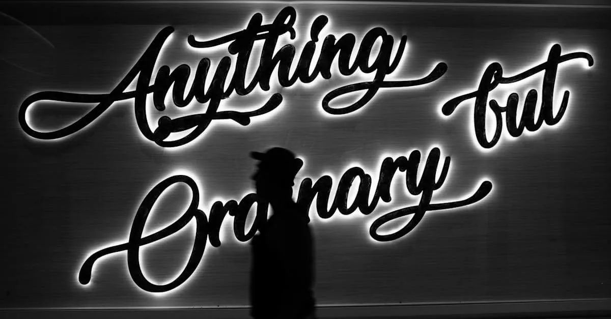 Silhouette walk by 'Anything but Ordinary' neon sign in Las Vegas at night.