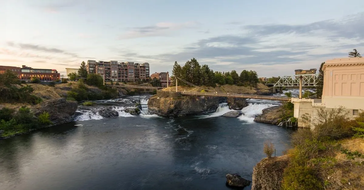 A beautiful view of the Spokane Falls with a bridge and urban landscape, captured at sunset.