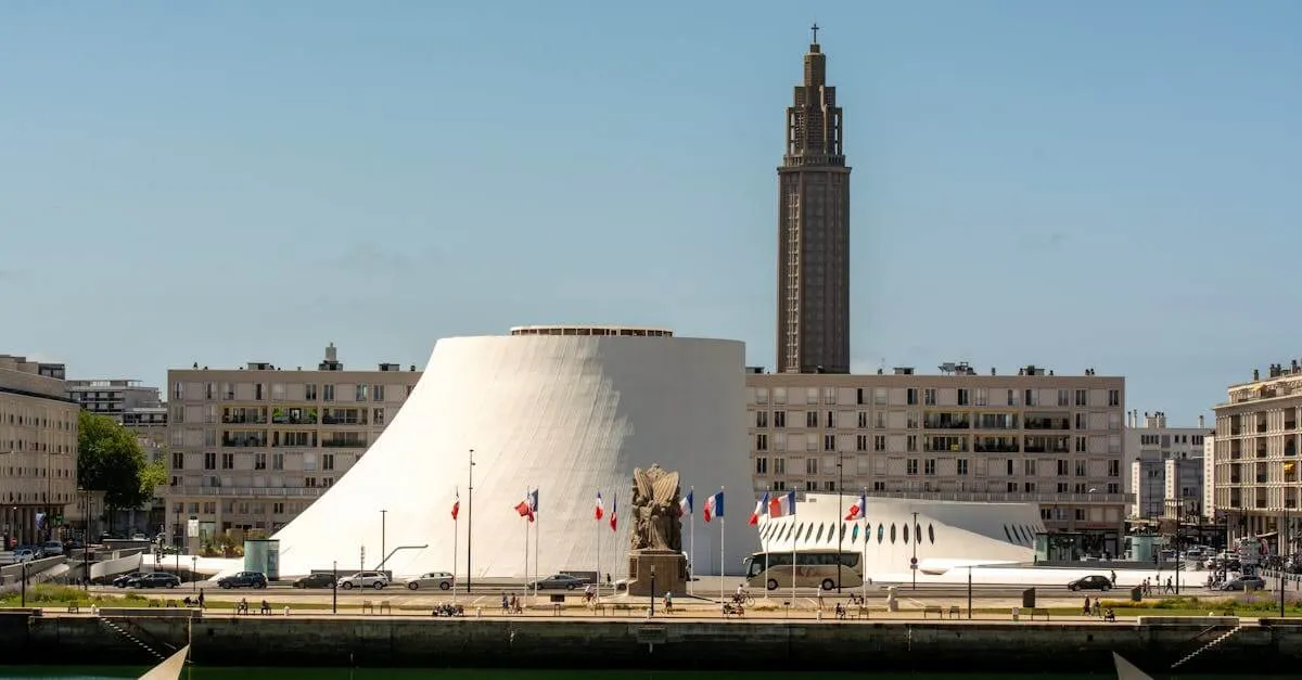Scenic view of Le Havre city with St. Joseph Church tower and iconic architecture.